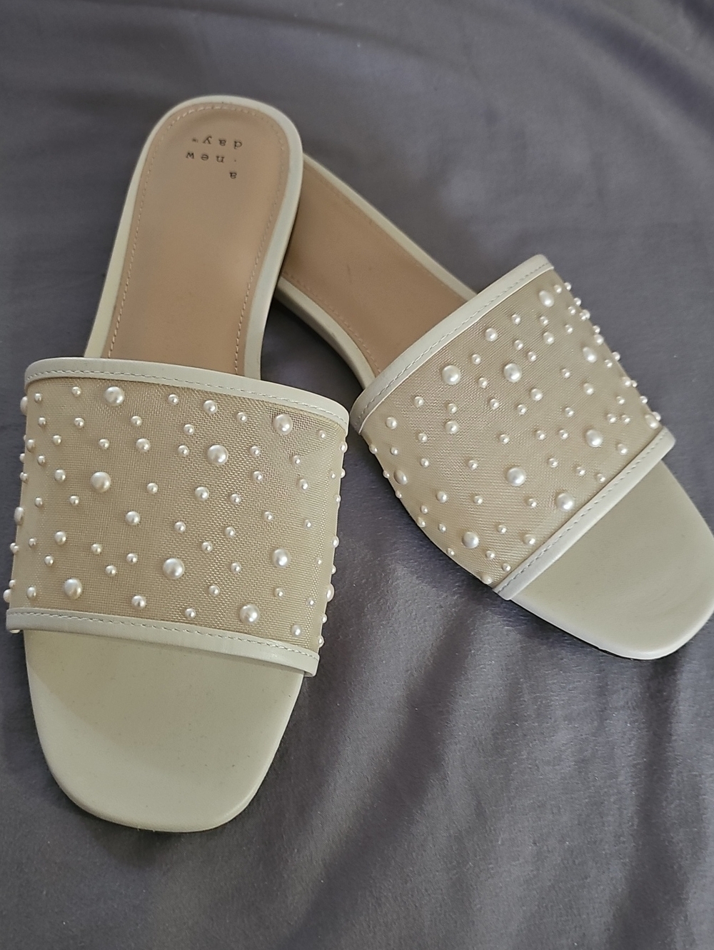 a new day Pearl-Embellished Cream Slide Mules